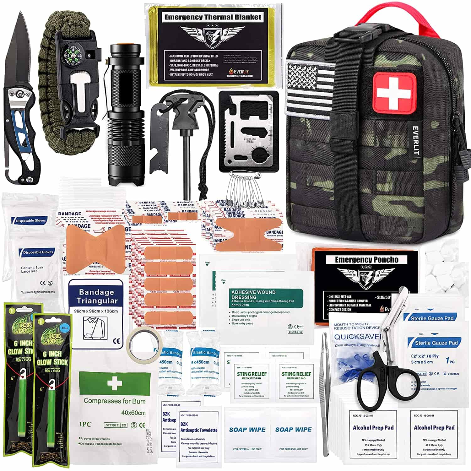 Black Camo Survival First Aid Kit E na le 250 Piece First Aid Kit.