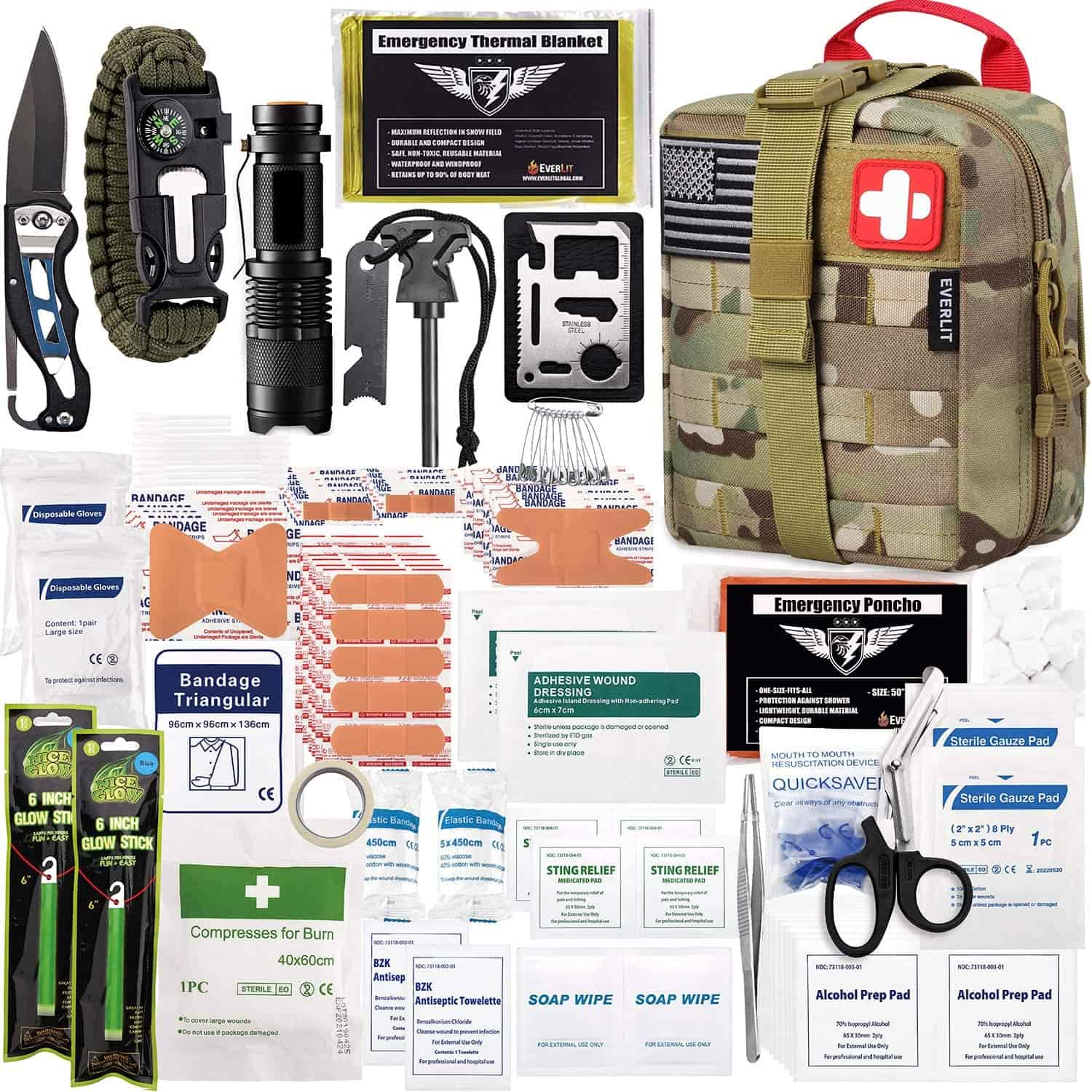 Camo Survival First Aid Kit E na le 250 Piece First Aid Kit.